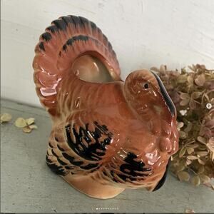 Vintage Turkey Planter Thanksgiving Dinner Table Centerpiece Ceramic Brown Black